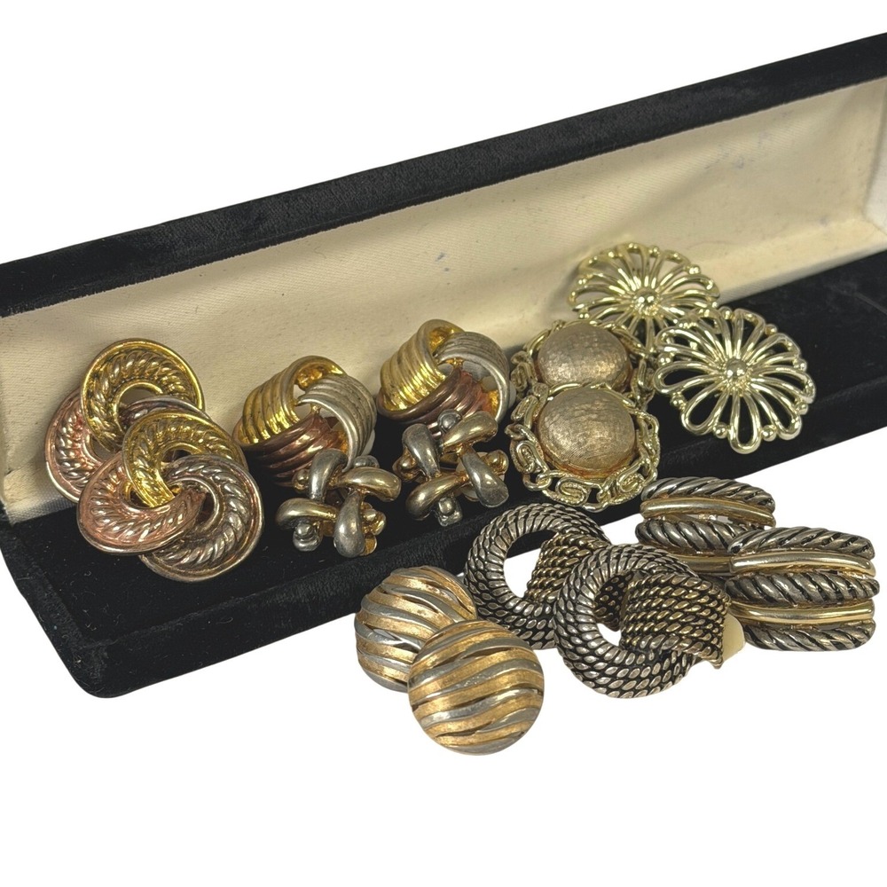 Vintage 50s 60s Clip On Earrings Lot 8 Pr Trifari Knots Domes Gold & Silver Tone